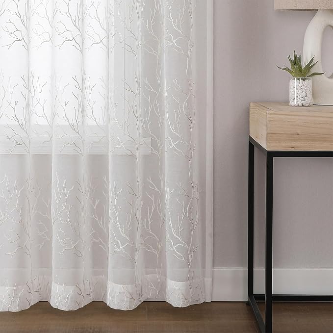 White Sheer Curtains Beige Coral Branch Embroidered 108 Inches | Light - Image 6