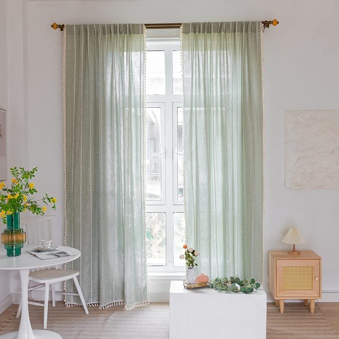 Boho Embroidery Striped Linen Curtains 84 Inches Long 2 Panels - Image 2