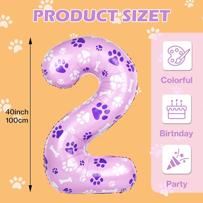 40 Inch Pink Dog Paw Balloons, Numeral 2 Birthday Balloons - Image 2