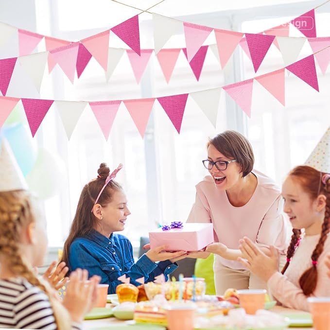 G2PLUS Pre-Strung Burlap Pennant Banners, 39Ft Pink Fabric Triangle Flag Bunting - Image 5