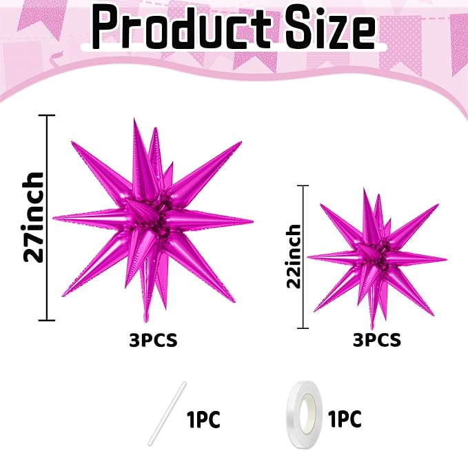 22/27 Inch Hot Pink Star Balloons, Hot Pink Star Shaped Foil Balloons, Cone - Image 2