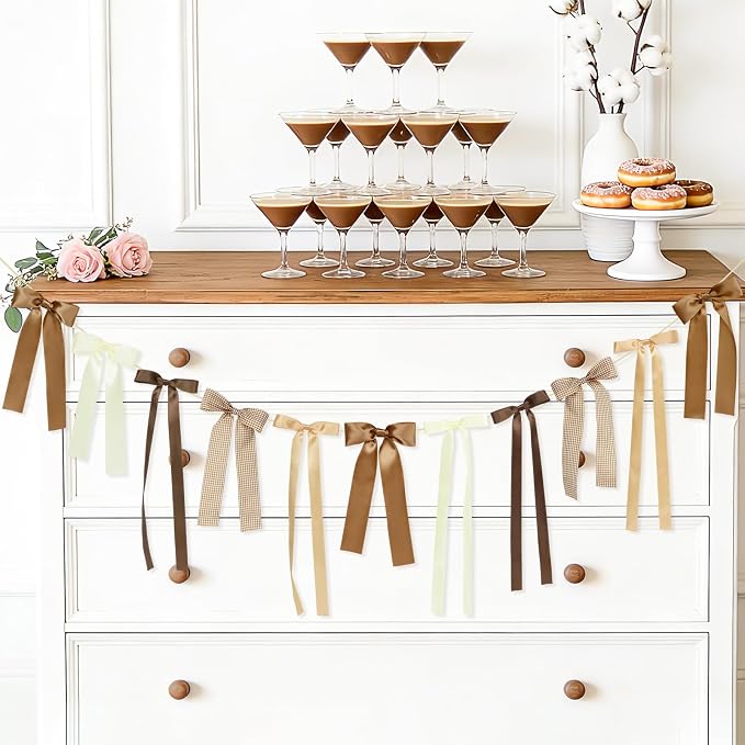 Brown Plaid Bow Garland Banner, Espresso Martini Theme Bow Garland Gingham - Image 7