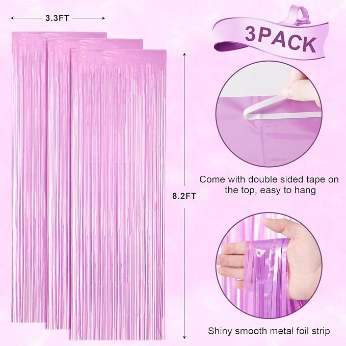 Voircoloria Pastel Purple Foil Fringe Backdrop Curtains, 3 Pack | Tinsel - Image 3