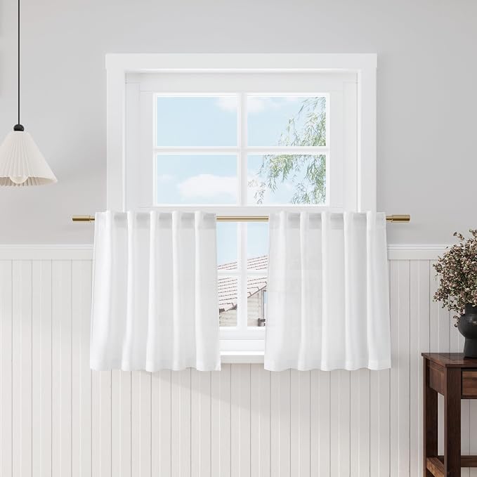 White Small Linen Textured Curtains 24 Inch Length Light Filtering Semi Sheer by Nanspring