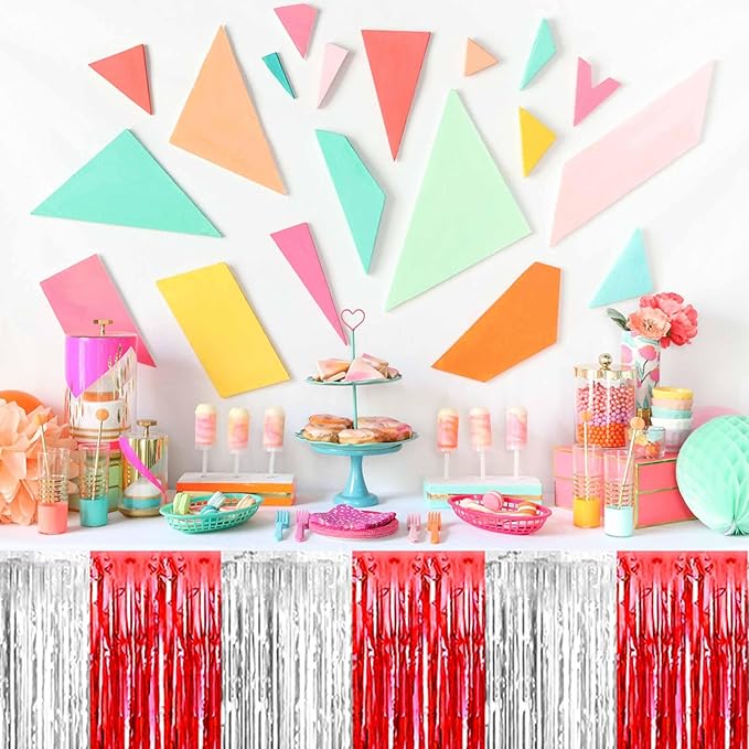 3 Pack Red and Silver Foil Fringe Table Skirts Metallic Tinsel Streamers Garland Banner Backdrop for Table Decor, Parade Float, Birthday, Wedding, Halloween, Christmas Party Decorations(29x108 In)