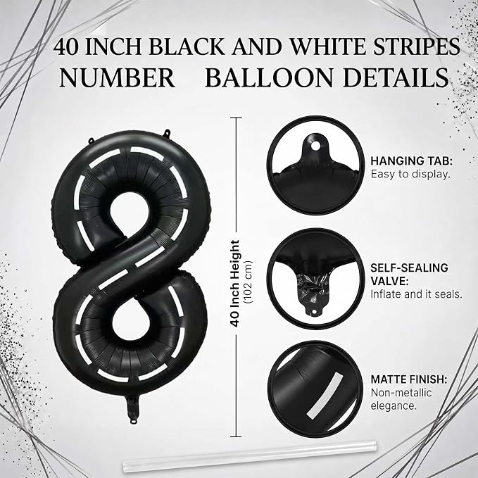 Black and White Stripes Number 18 Balloon 40 Inch, Foil Track Numeral | - Image 4