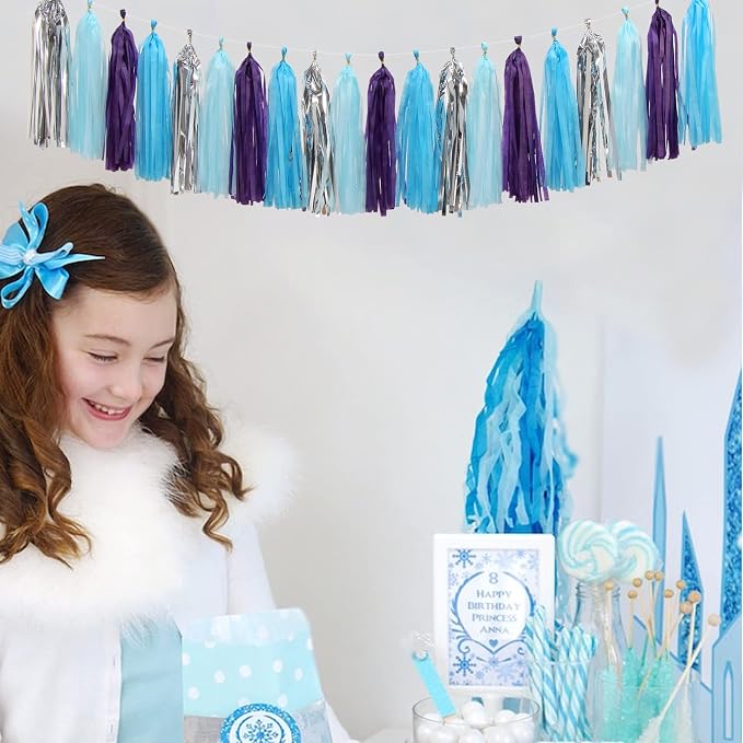 Purple-Blue Silver Frozen Party-Decorations Tassel-Garland -20pcs Winter Girl - Image 4