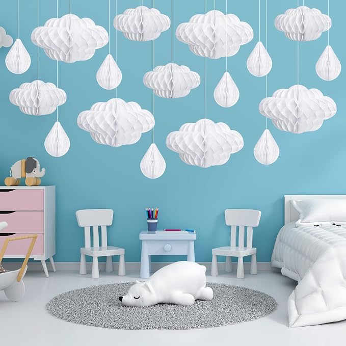 Affrolling 20 Pcs 3D Cloud Decorations Raindrop Decorations Hanging Honeycomb - Image 2