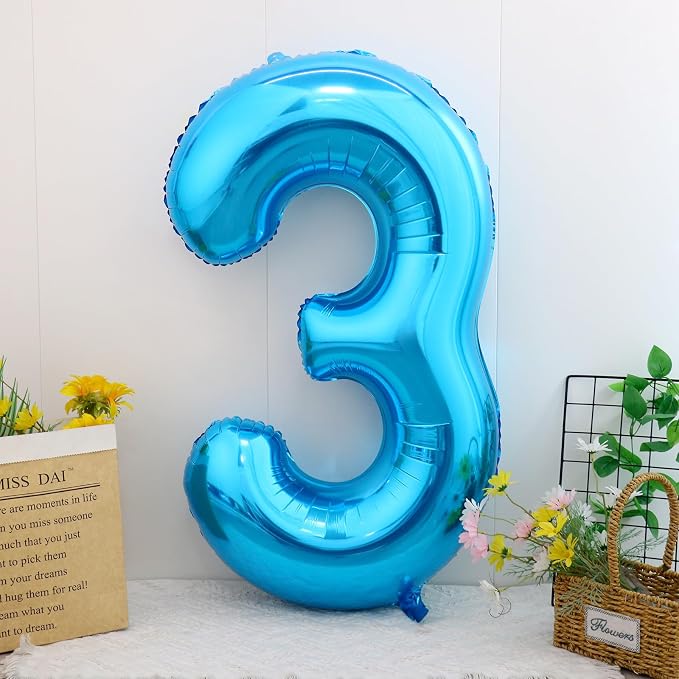 40 Inch Blue Number 3 Balloon, Giant Number Balloons, Birthday Decorations | - Image 2