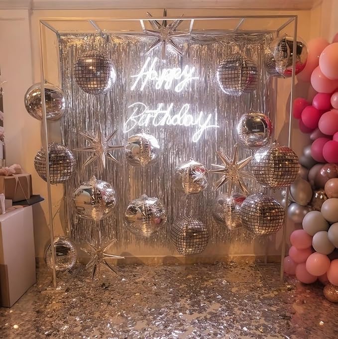 HILAVO 16PCS Disco Ball Balloons, 32in 22in 10in Large 4D Metallic Silver Disco - Image 4