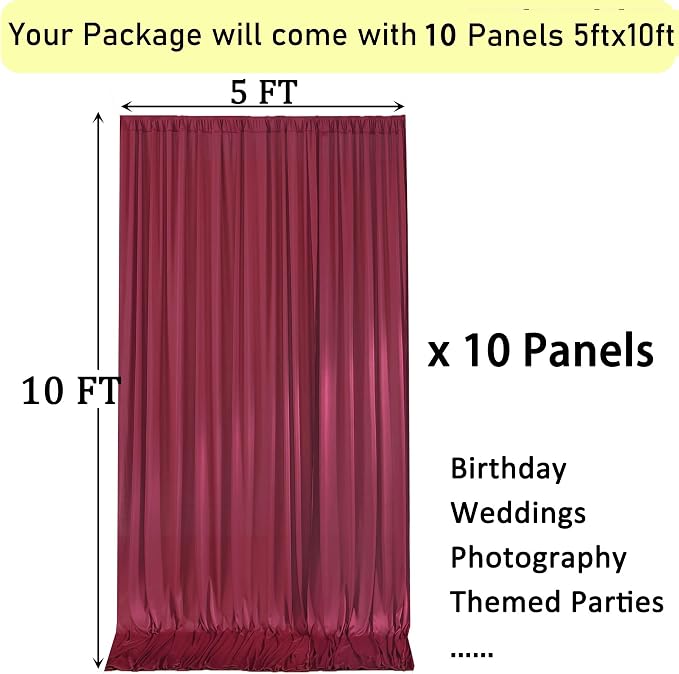 50ftx10ft Wrinkle Free Burgundy Backdrop Curtains - Image 6