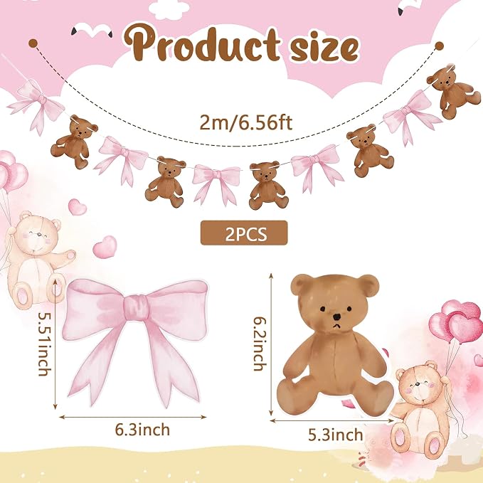2 Pcs Pink We Can Bearly Wait Banner 6.56 ft Bear Theme Baby Shower Decorations - Image 2