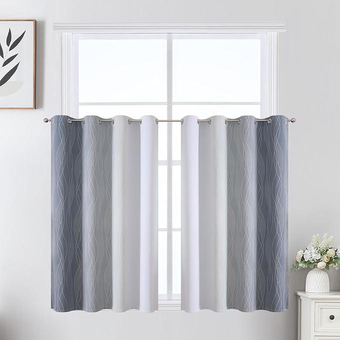 Grey and Greyish White Ombre Short Blackout Curtains 36 Inch Long, Thermal by ESTELARTEXTILER
