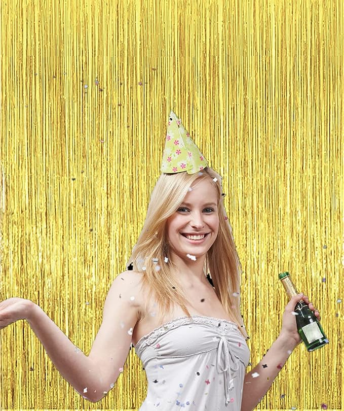 2 Pcs 3.2ft x 8.2ft Shiny Gold Metallic Tinsel Foil Fringe Curtains Photo Booth - Image 5