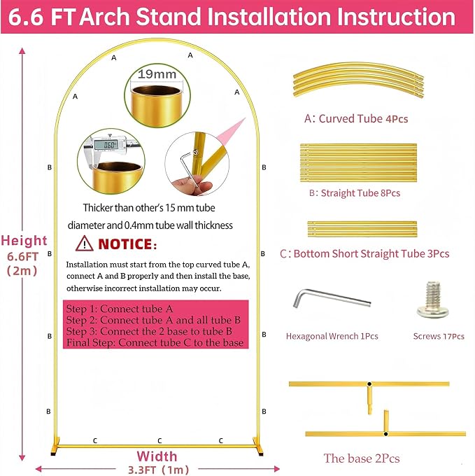 6.6FT Metal Arch Backdrop Stand Gold Wedding Balloon Frame Pergola Arbor | - Image 4