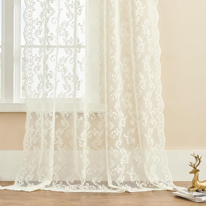 FOLKSIDE Ivory Lace Curtains 80 Inches Long 2 Panels Victorian Paisley Sheer - Image 5
