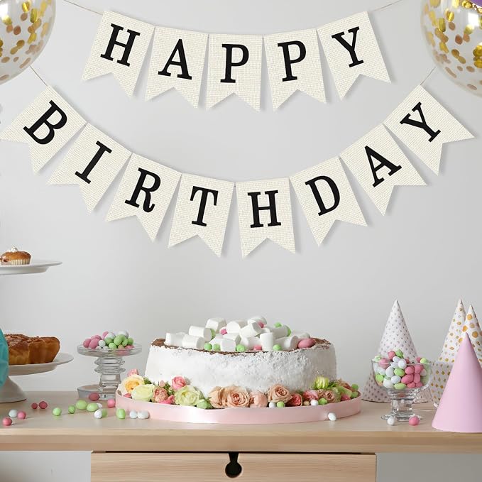 White Burlap Happy Birthday Banner Sign Birthday Garland Wall Door Hanging - Image 4