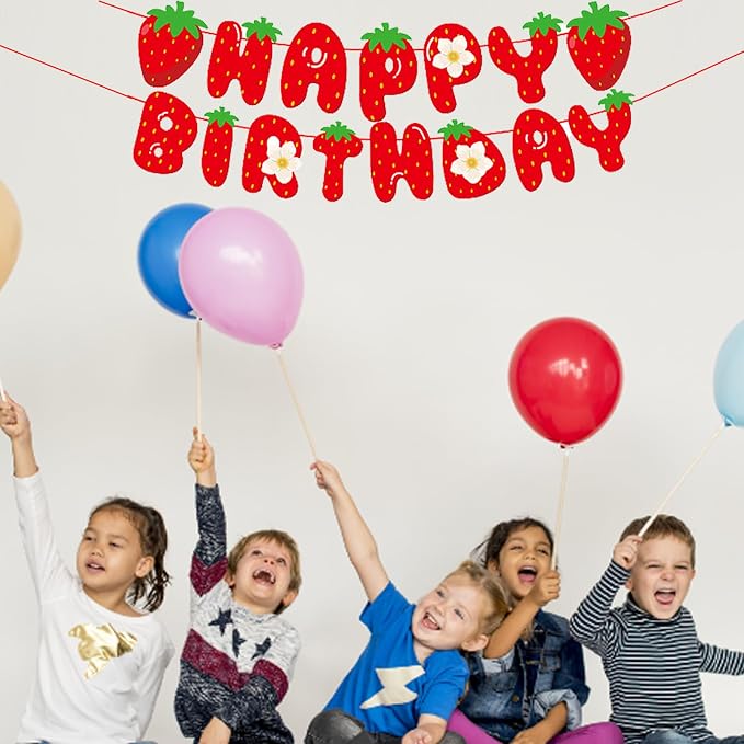 MEETINGU Strawberry Happy Birthday Banner, Strawberry Themed Birthday Party - Image 4