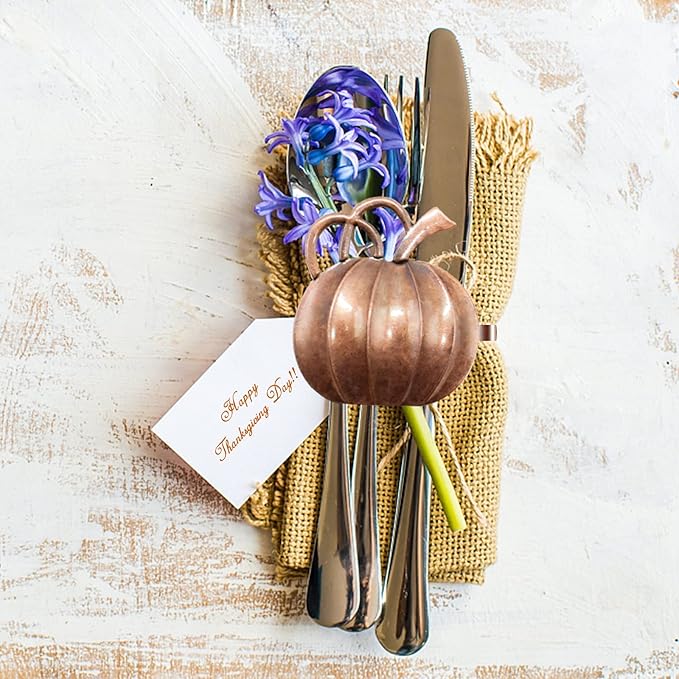 Halatool Pumpkin Napkin Rings Set of 12, Alloy Fall Napkin Rings Thanksgiving Halloween Dinner Tables Holders for Thanksgiving Weddings Holidays Gathering Dinner Party (Bronze)