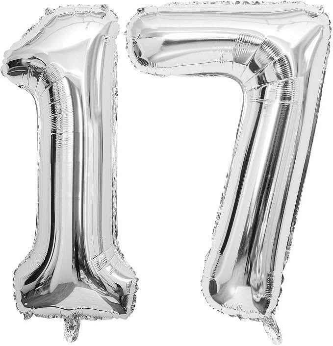 Silver 17 Number Balloons, 40 Inch Giant Number 17 Balloons Foil Mylar Helium by Lovoir