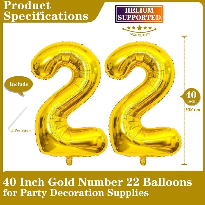 Gold 22 Number Balloons, 40 Inch Giant Number 22 Balloons Foil Mylar Helium - Image 2