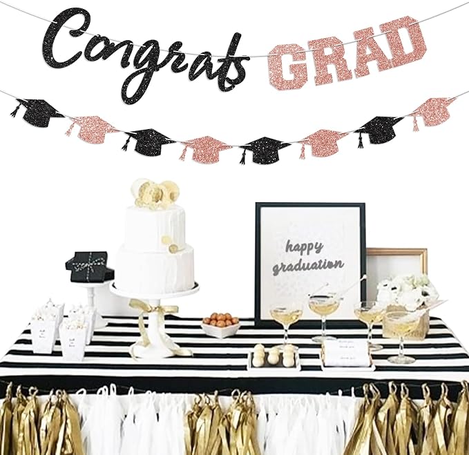 Prestrung Congrats Grad Banner Rose Gold and Black Graduation Banner - Image 5