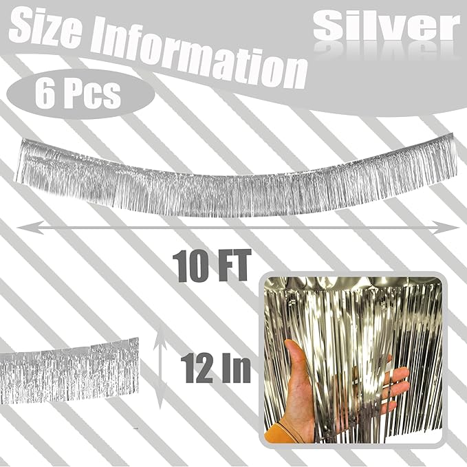 6 Pack 10 Feet Silver Foil Fringe Garland Metallic Tinsel Streamers Banner Wall Hanging Curtain Backdrop Banner for Parade Floats, Thanksgiving, Christmas, Birthday, Halloween Party Decorations