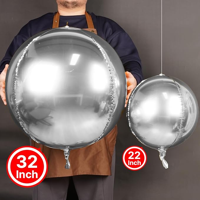 PartyWoo Metallic Silver Large Round Giant Foil 4D Balloons 6pcs 32 Inch | 32 - Image 2