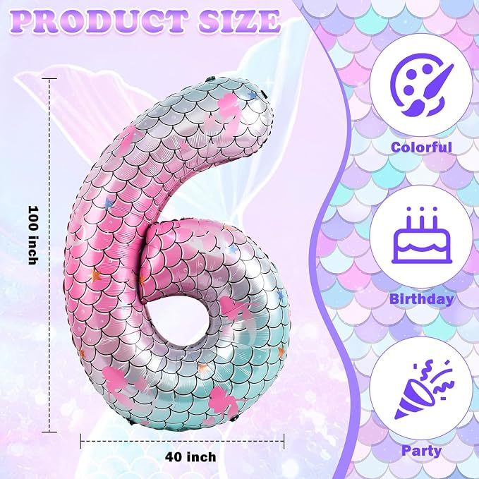 40 Inch Mermaid Number 6 Balloon, Sea Themed Birthday Decorations - Image 2