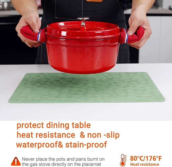 Vinyl Green Placemats Set of 6 Wipeable Waterproof Table Mats | Heat Resistant - Image 3
