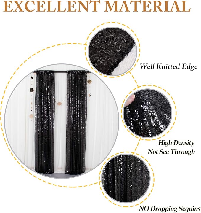 ShinyBeauty Sequin Curtains 4 Panels Black Backdrop 2x8ft Party Photo Decor | - Image 4