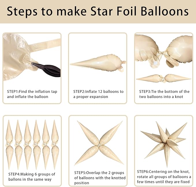 Cream Star Balloons Foil 60Pcs Mylar Spike Balloons Neutral Baby Shower - Image 6