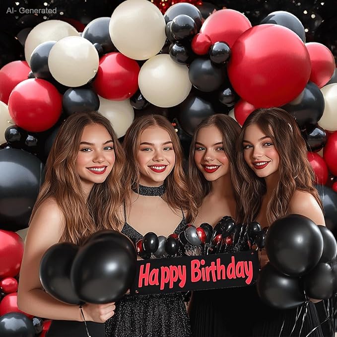 Red Black And White Balloons Garland Arch Kit, Double Stuffed Red Ivory White - Image 6