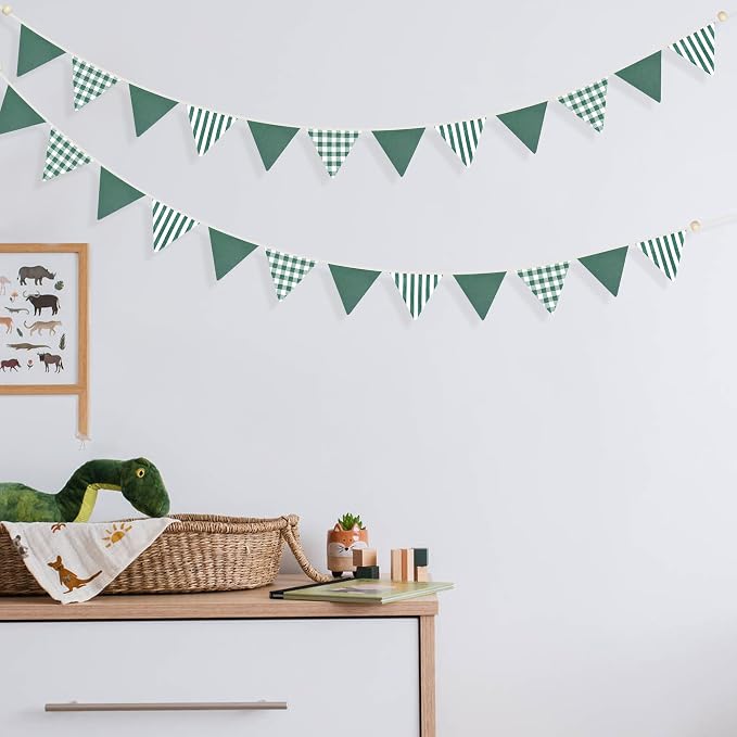 2 Sets Green Pennant Banner Flags 24Pcs Green Buffalo Plaid Striped Nursery - Image 6