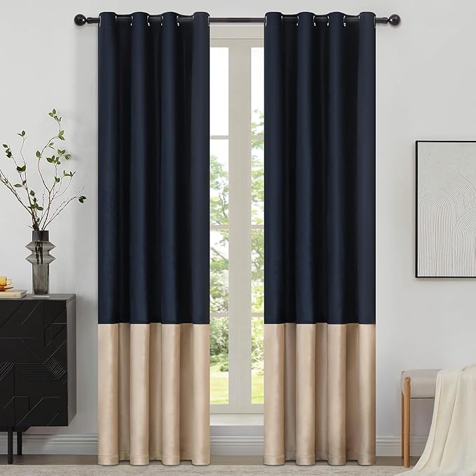 Blue Beige Velvet Blackout Curtains Luxury Decor 72 inches, Color Block | by ModernShinyVelvetCurtains