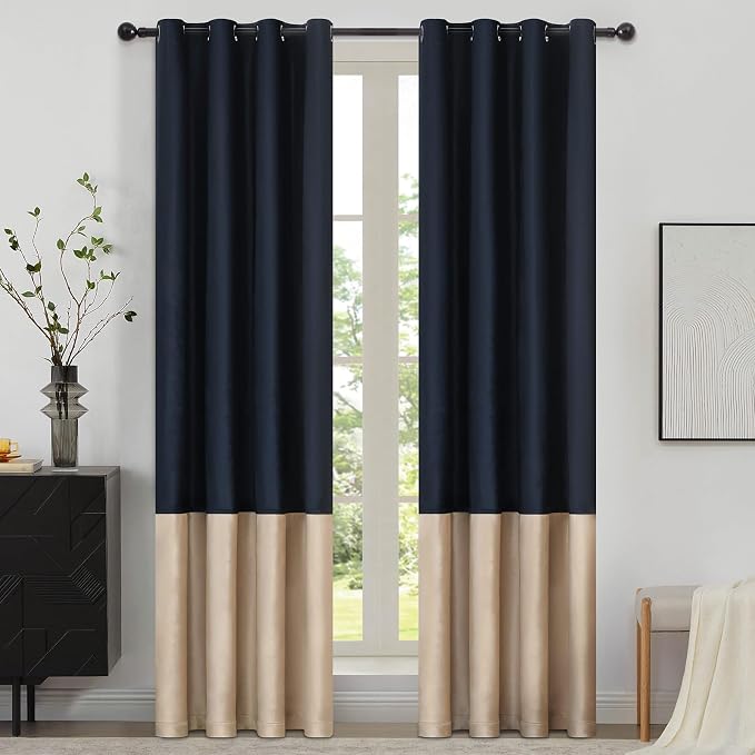 Blue Beige Velvet Blackout Curtains Luxury Decor 90 inches, Color Block | by ModernShinyVelvetCurtains