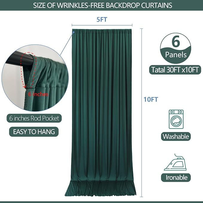 30x10ft Wrinkle Free Hunter Green Backdrop Curtain - Image 5
