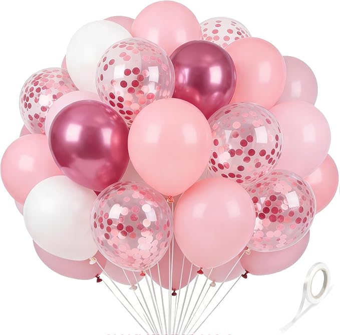 Pink White Balloons 60Pcs 12 Inch Pink Confetti Latex Balloon by Kelfuoya