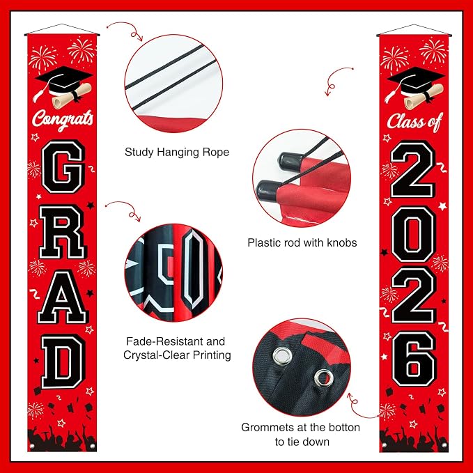 Graduation Decorations 2026 Porch Banner, Congrats Grad Class of 2026 Banner Red - Image 3