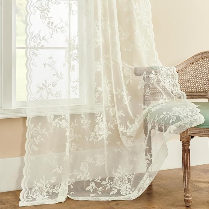 SEEKRIGHT Ivory Lace Curtains 80 Inches Long 2 Panels Victorian Floral Sheer - Image 4