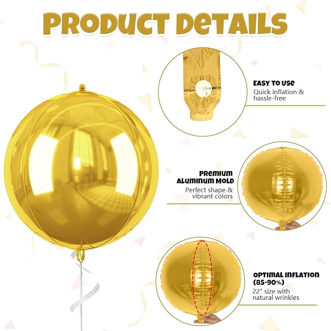 Gold Balloons Foil, 22 Inch Golden Round Ball Balloons, Large Metallic Balloon - Image 8