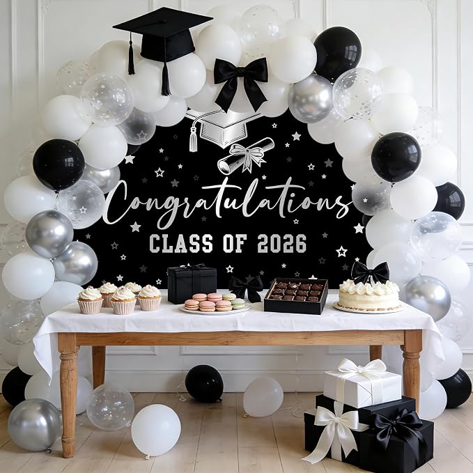 Congratulations Graduation Banner Class of 2026 Backdrop Black Silver Congrats - Image 6
