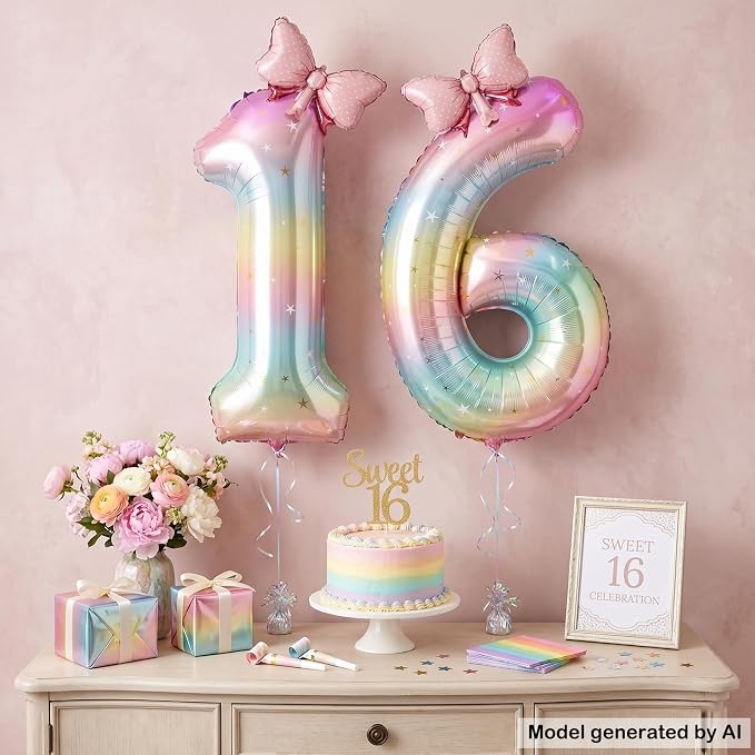 40" Giant Pastel Rainbow Number 16 Balloon Foil Pink Bow Decor Kit | - Image 3