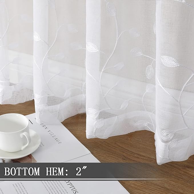 Tollpiz Leaves Short Sheer Tier Curtains White Leaf Embroidery Kitchen Half - Image 4