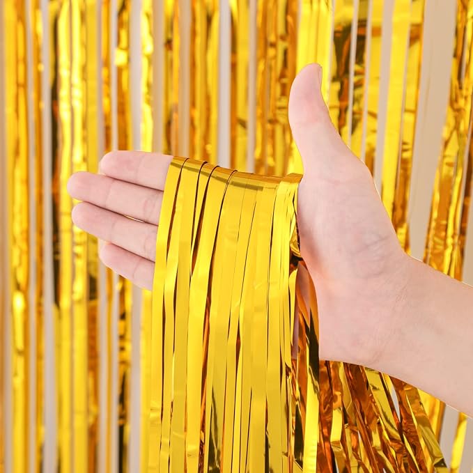 Voircoloria Gold Foil Fringe Backdrop Curtains, 2 Pack | Tinsel Streamers - Image 2