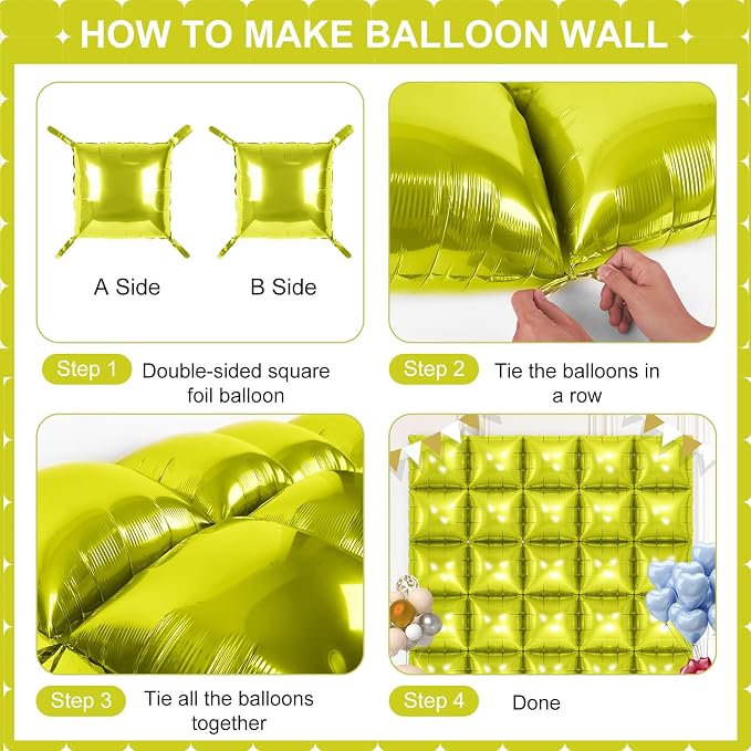 Lemon Green Square Foil Balloons 25 Pcs Metallic Lemon Green Balloons Wall - Image 3