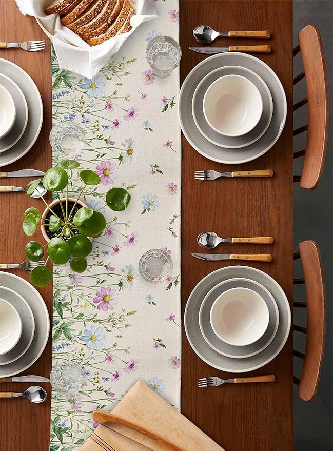 Vintage Wildflowers Cotton Linen Table Runner for Dining Kitchen, Wedding Outdoor Party Tablerunners Decoration, Farm Floral Pink Botanical Plants Dresser Scarf Coffee Tablecloth Runners 13x90 Inches