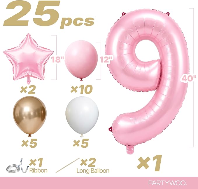 PartyWoo Number Balloons 40 Inch Pink Number 9 Kit 25pcs - Image 2
