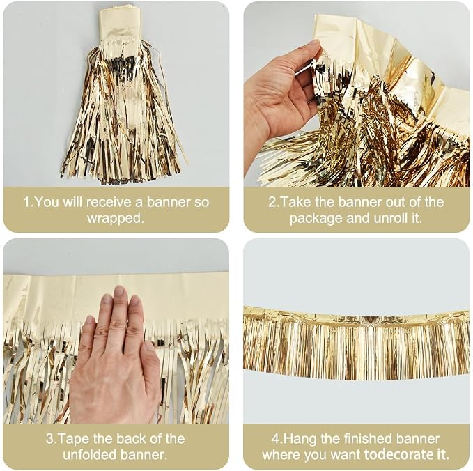 BEISHIDA Champagne Fringe Garland Banner 30ft Wall Tinsel Foil Streamers | 3Pack - Image 2
