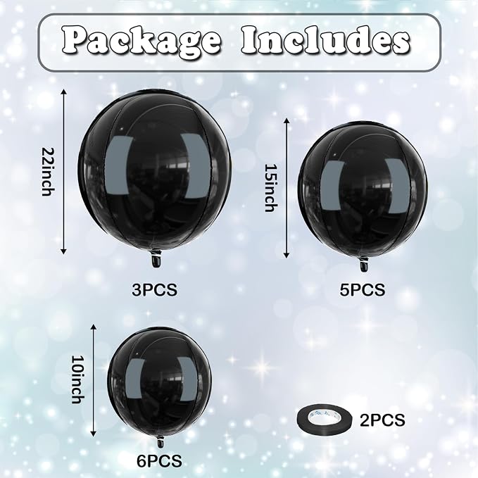 14 Pcs Black Round Foil Balloons Halloween Black 4D Ball Balloons | Black Mylar - Image 2